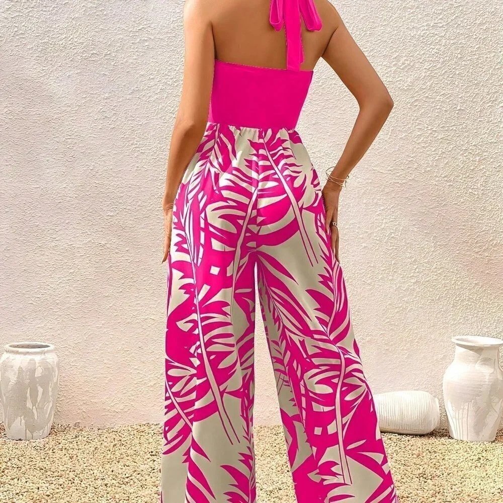 Pink Boho Womens Tropical Print Tie Backless Halter Neck Wide Leg Jumpsuit - Picture 2 of 5